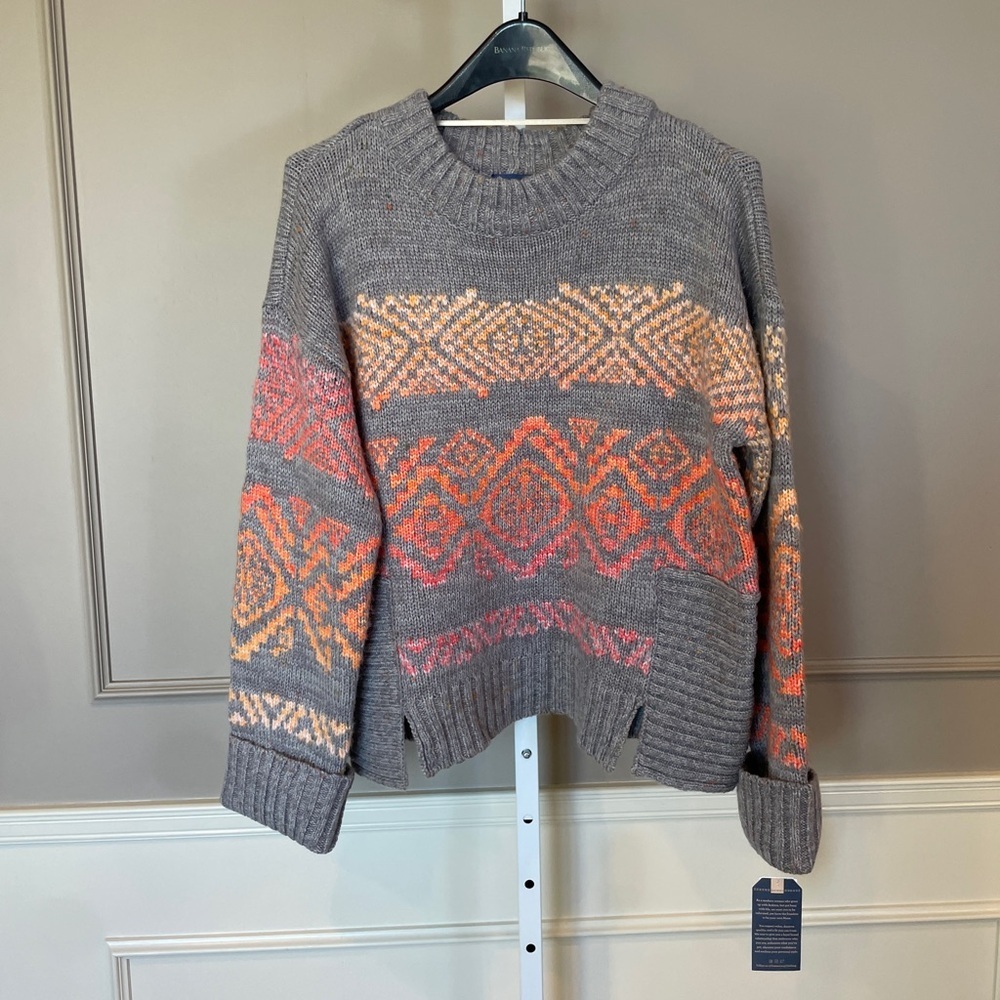 Democracy NWT Sweater Large Gray Aztec Chunky Cowl Crew Pink Orange Tribal